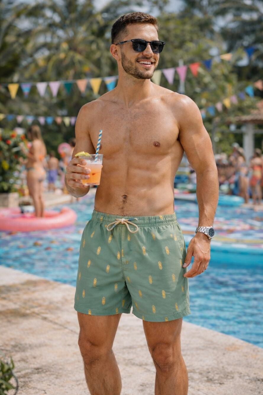 Men’s Medium Cotton Sage Green Gold Pineapple Shorts Resort Beach Summer Vibe